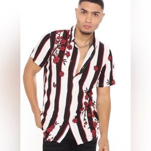 Fashion Nova Cherry Blossom Stripe Woven Top Button Down Dress Shirt